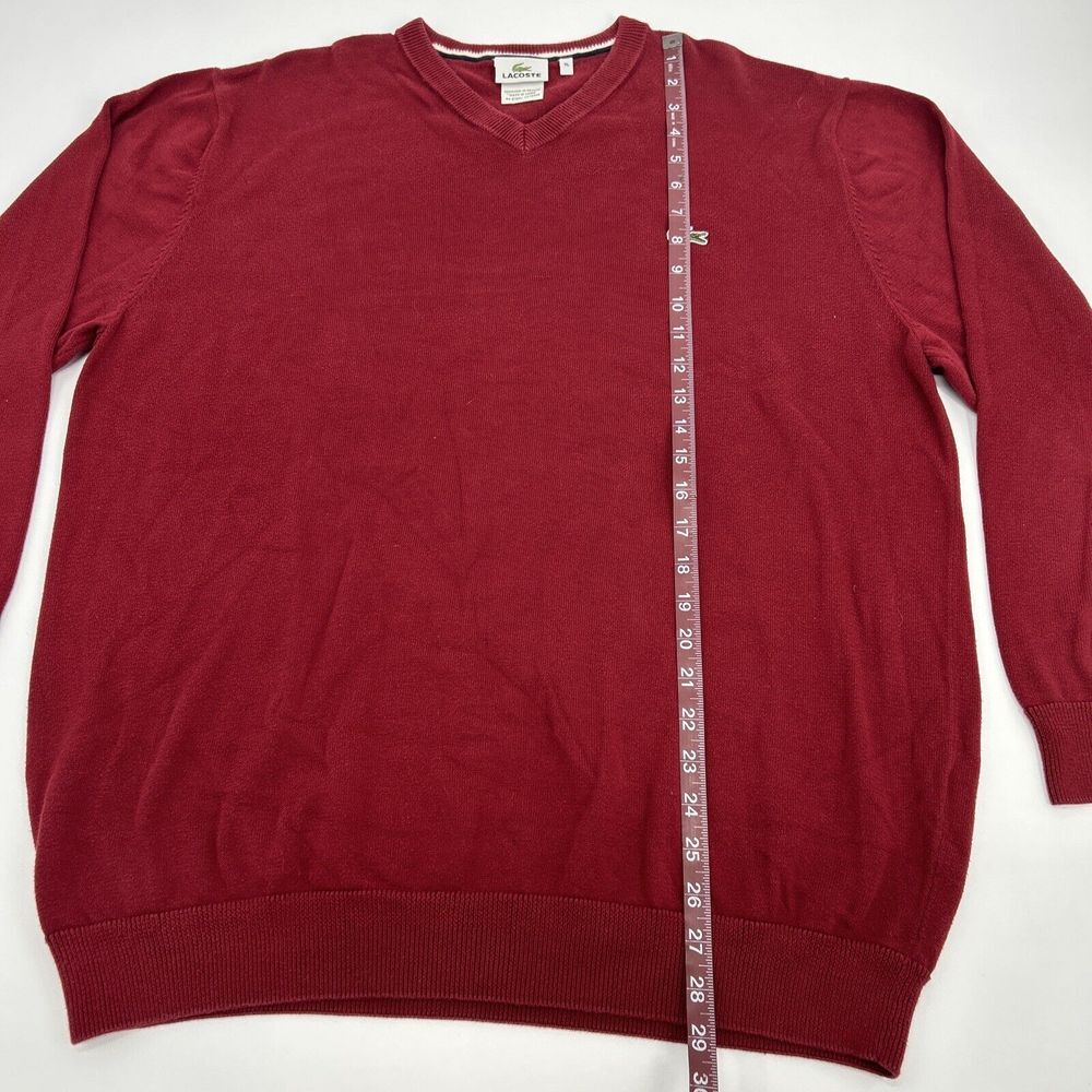 Lacoste Sweater Men's 7 (US 2XL) Maroon Long Sleeve V-Neck Pullover 100% Cotton - Picture 7 of 10